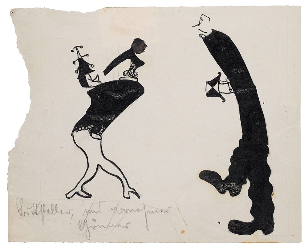 ‘Supplicant and distinguished patron,’ ca. 1901–ca. 1907; pencil and India ink on paper; 11.5 × 14.3 cm. Drawings by Franz Kafka.